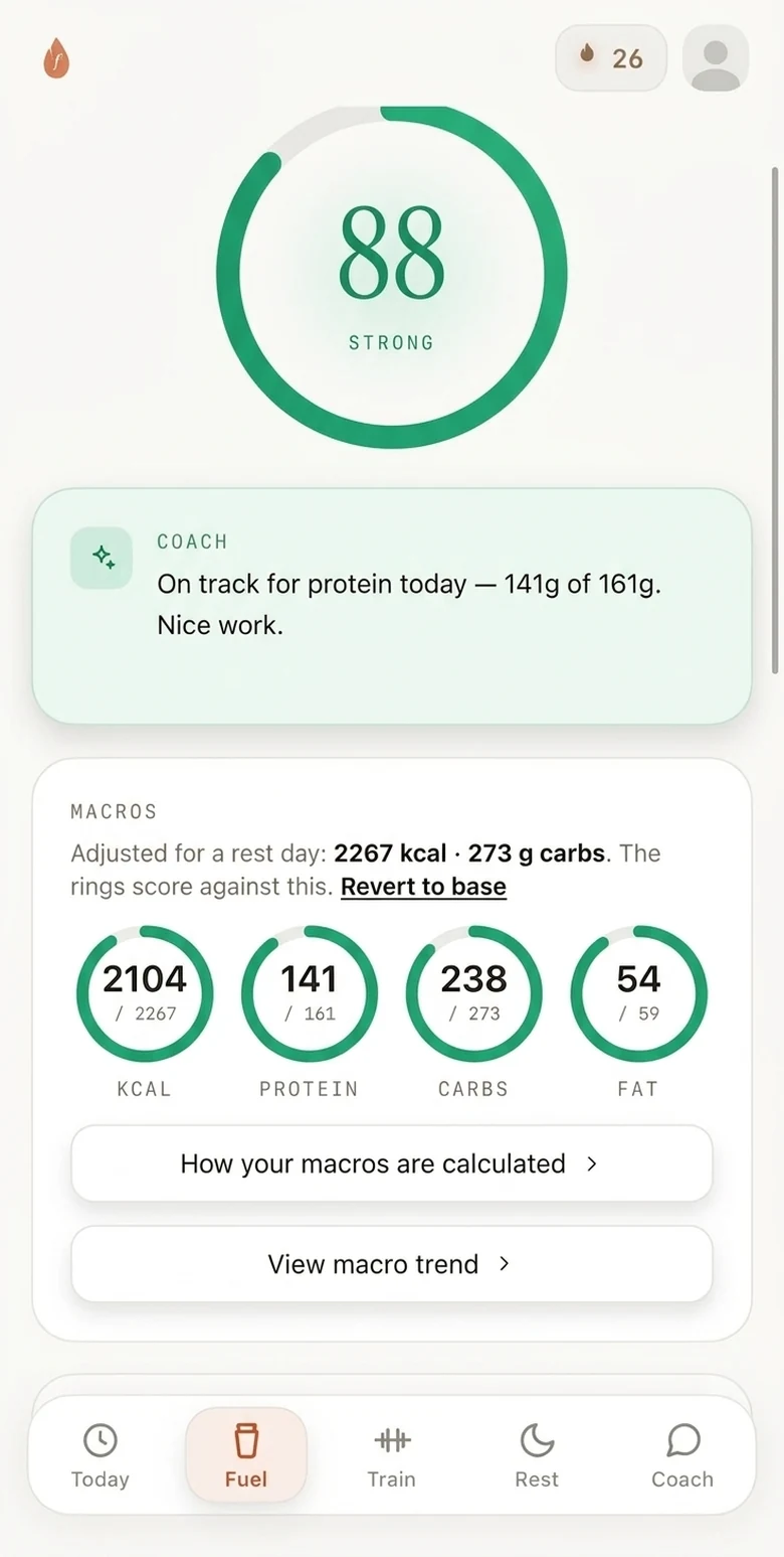 The Fuel screen showing a score of 88 with calorie and macro rings against a rest-day target